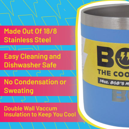 BOB THE COOLER CO - 14oz "Bob's Mug" Stainless Steel Double Wall Vacuum Insulated Coffee Mug with Lid and Handle - Top-Rack Dishwasher Safe