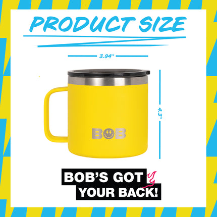 BOB THE COOLER CO - 14oz "Bob's Mug" Stainless Steel Double Wall Vacuum Insulated Coffee Mug with Lid and Handle - Top-Rack Dishwasher Safe