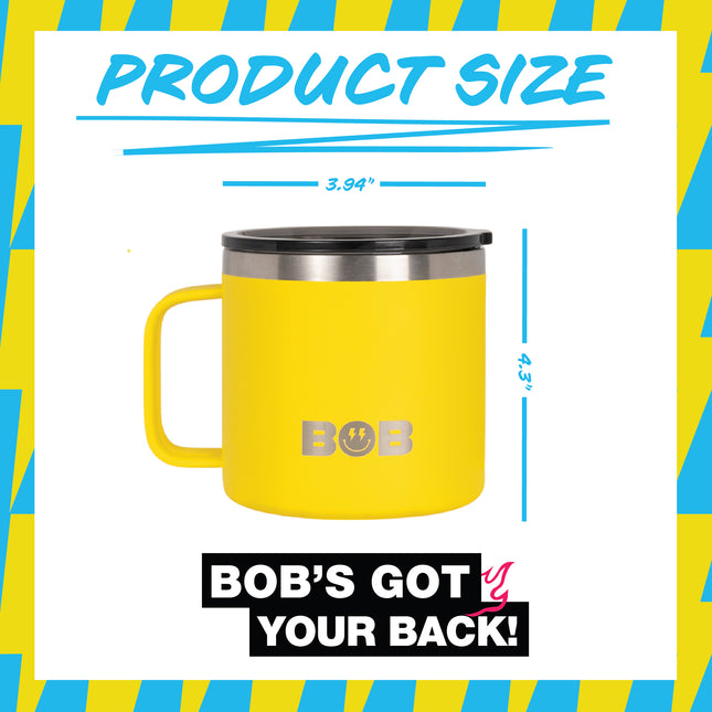 BOB THE COOLER CO - 14oz "Bob's Mug" Stainless Steel Double Wall Vacuum Insulated Coffee Mug with Lid and Handle - Top-Rack Dishwasher Safe