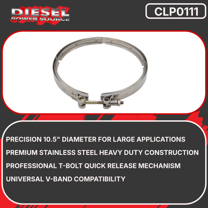 Diesel Power Source 10.5" Heavy Duty Stainless Steel V-Band Clamp T-Bolt Style – Adjustable 10.5-11" Exhaust Turbo Intercooler Pipe Connection – High Performance Leak-Proof Clamp for Diesel Engines