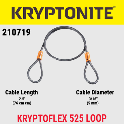 Kryptonite KryptoFlex 525 Double Loop 2.5 ft. Long Cable for Use With All Kryptonite U-Locks, Disc Locks, and Padlocks on Bicycles; E-Bikes; Scooters (210719)