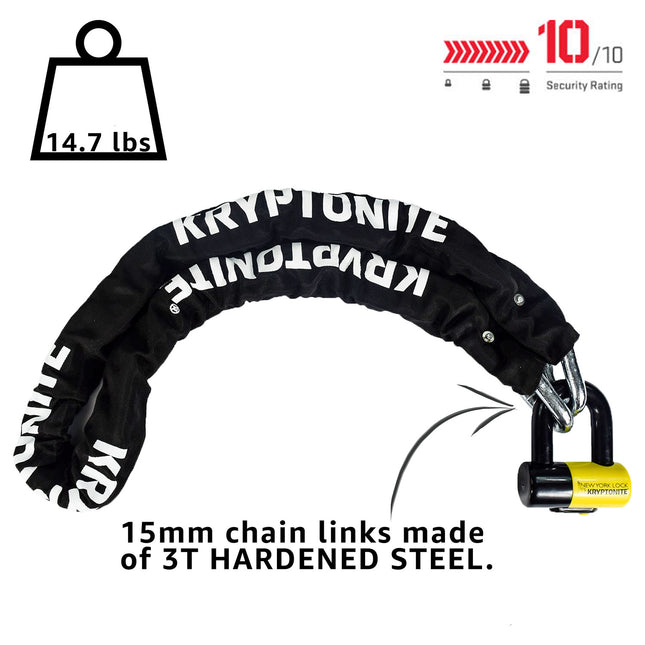 Kryptonite New York 1515 Legend 14.7 Pound Chain & Disc Lock Combo - 4.9 ft Long 15 mm Steel Chain & Disc Lock with Keys for Bicycles; E-Bikes; Motorcycles; Scooters (004752)