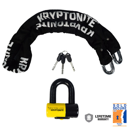 Kryptonite New York 1515 Legend 14.7 Pound Chain & Disc Lock Combo - 4.9 ft Long 15 mm Steel Chain & Disc Lock with Keys for Bicycles; E-Bikes; Motorcycles; Scooters (004752)
