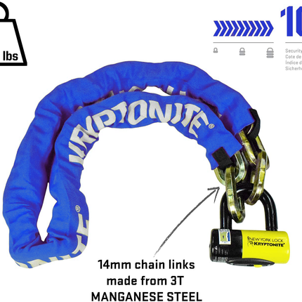 Kryptonite New York Fahgettaboudit 1415 Chain w/NY Disc Lock - 5', 14mm Chain and 15mm Lock High-Security Anti-Theft Protection for Bicycle, E-Bike, Scooter, Motorcycles, and ATV/UTV - Blue