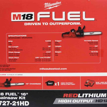 Milwaukee 2727-21HD M18 18V Fuel 16" Cordless Chainsaw Kit 18-Volt