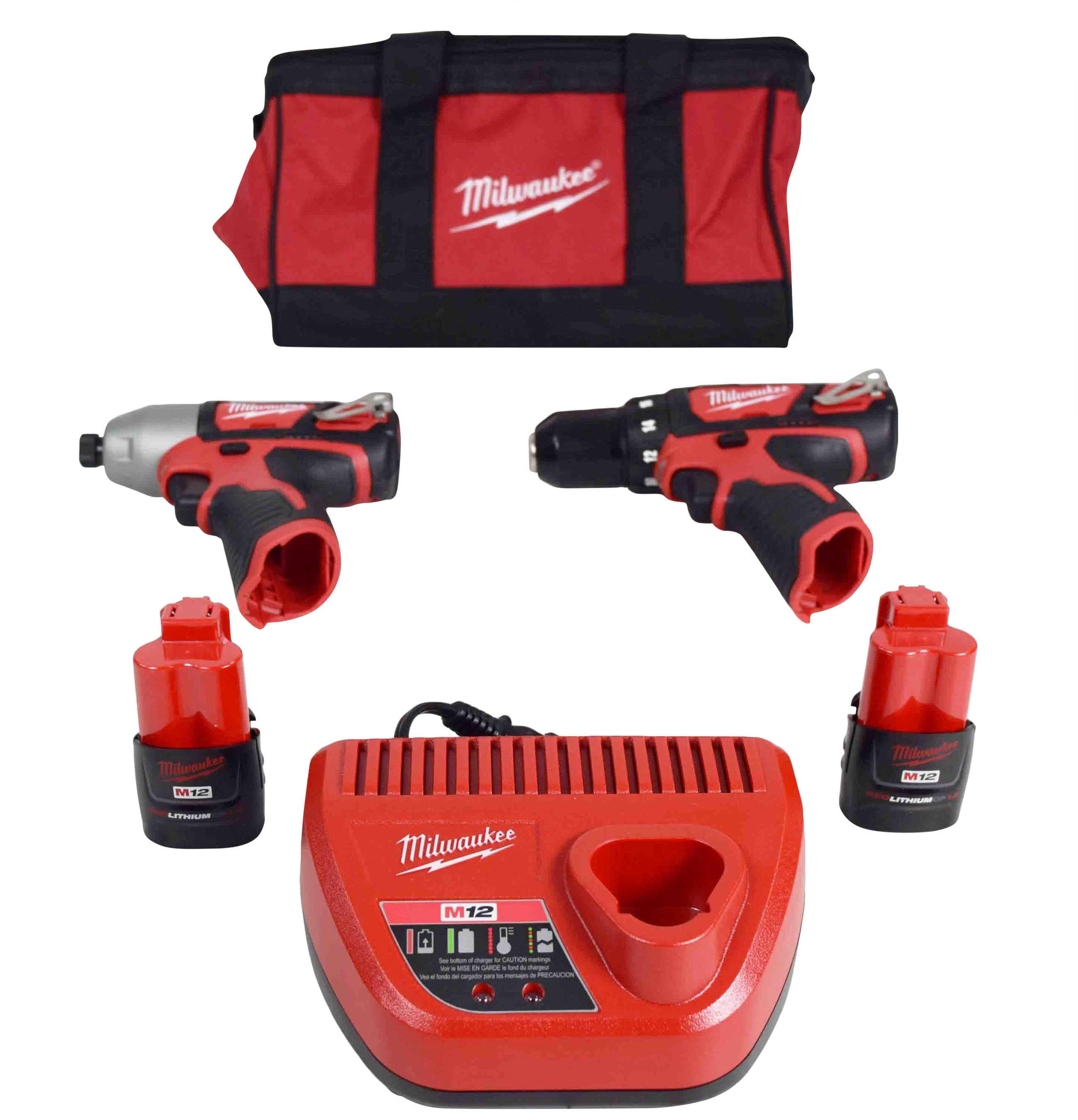 Milwaukee 2494-22 M12 Cordless Combination 3/8" Drill / Driver and 1/4" Hex Impact Driver Dual Power Tool Kit (2 Lithium Ion Batteries, Charger, and Bag Included)