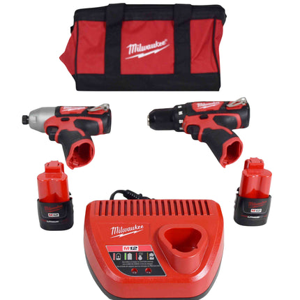 Milwaukee 2494-22 M12 Cordless Combination 3/8" Drill / Driver and 1/4" Hex Impact Driver Dual Power Tool Kit (2 Lithium Ion Batteries, Charger, and Bag Included)