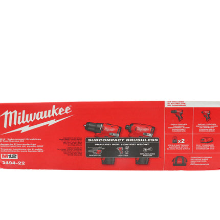 Milwaukee 3494-22 M12 FUEL 12V Brushless Cordless 2-Tool Combo Kit – Hammer Drill/Driver & Impact Driver with (2) Batteries, Charger & Contractor Bag
