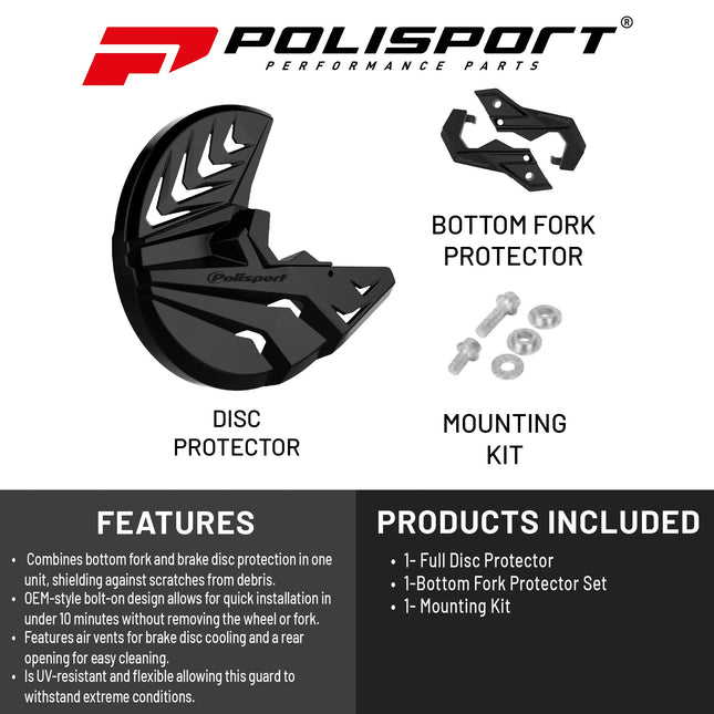 Polisport Disc & Bottom Fork Protector for Yamaha YZ125/250, YZ250/450F (2008-2024) - Durable Polypropylene Guard, Protects Fork & Brake Disc from Rocks, Debris, Easy Bolt-On Install, Black