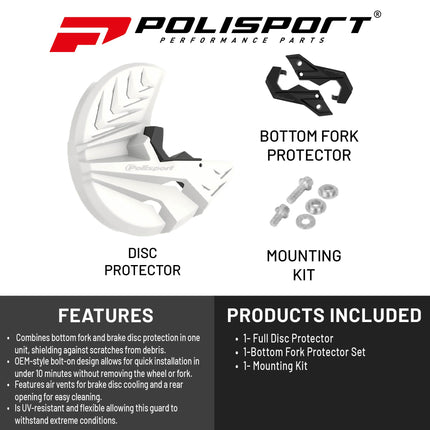 Polisport Disc & Bottom Fork Protector for Yamaha YZ125/250, YZ250/450F (2008-2024) - Durable Polypropylene Guard, Protects Fork & Brake Disc from Rocks, Debris, Easy Bolt-On Install, White