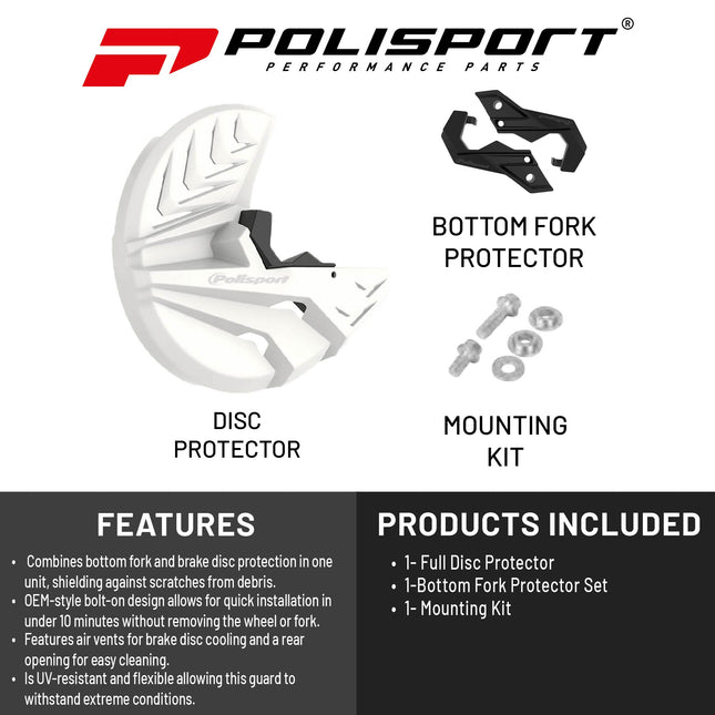 Polisport Disc & Bottom Fork Protector for Yamaha YZ125/250, YZ250/450F (2008-2024) - Durable Polypropylene Guard, Protects Fork & Brake Disc from Rocks, Debris, Easy Bolt-On Install, White