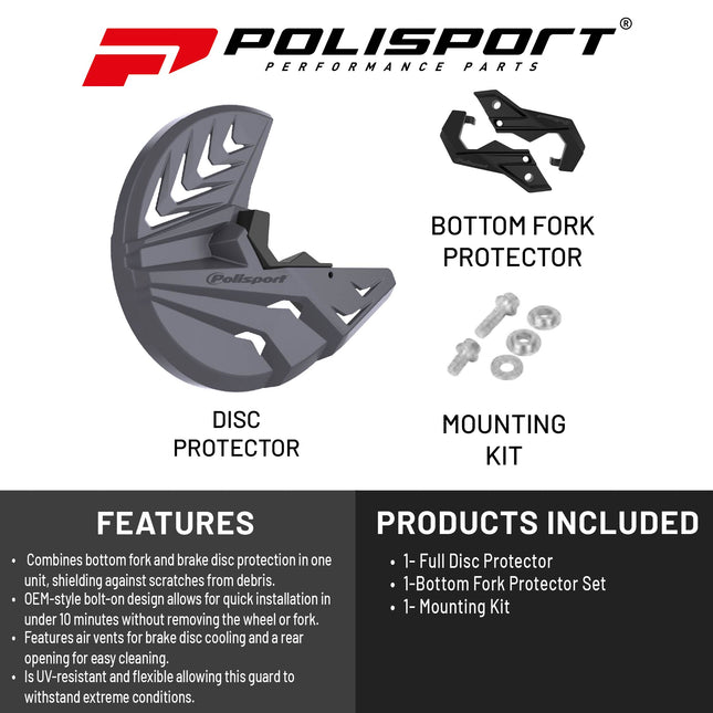 Polisport Disc & Bottom Fork Protector for Yamaha YZ125/250, YZ250/450F (2008-2024) - Durable Polypropylene Guard, Protects Fork & Brake Disc from Rocks, Debris, Easy Bolt-On Install, Grey
