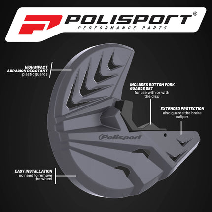 Polisport Disc & Bottom Fork Protector for Yamaha YZ125/250, YZ250/450F (2008-2024) - Durable Polypropylene Guard, Protects Fork & Brake Disc from Rocks, Debris, Easy Bolt-On Install, Grey