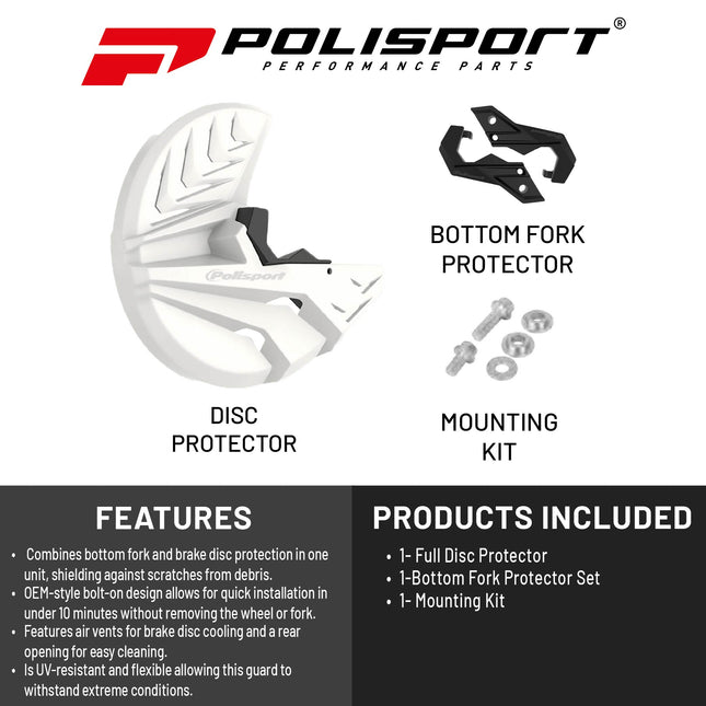 Polisport Front Disc Cover: High-Impact Plastic Brake Protector with Caliper Guard, Easy Install for Dirt Bikes, Fits Stock Forks & 295mm Discs-White