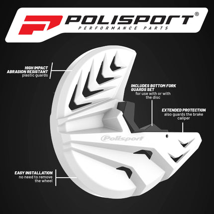 Polisport Front Disc Cover: High-Impact Plastic Brake Protector with Caliper Guard, Easy Install for Dirt Bikes, Fits Stock Forks & 295mm Discs-White