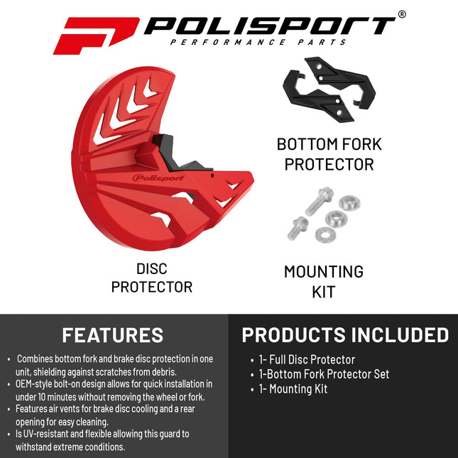 Polisport Disc & Bottom Fork Protector Kit for Honda CRF250R/450R 2015-2022 - High Impact Plastic Guard, Easy Install, Fits Oversized 295mm Brakes-Red/Black