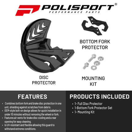 Polisport Motocross Motorcycles (MX) Disc & Bottom Fork Protector for KTM SX/SX-F/XC/XC-F (2015+), Husqvarna TC/FC (2015+), EX/TE/FE (2016+), GasGas MC/EC/SEF (2019+) Dirt Bikes - Black
