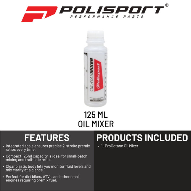 Polisport ProOctane Oil Mixer Bottle - 125ml Transparent Measuring Container - Fuel/Oil Mixing Tool for Off-Road Motorcycles & ATVs