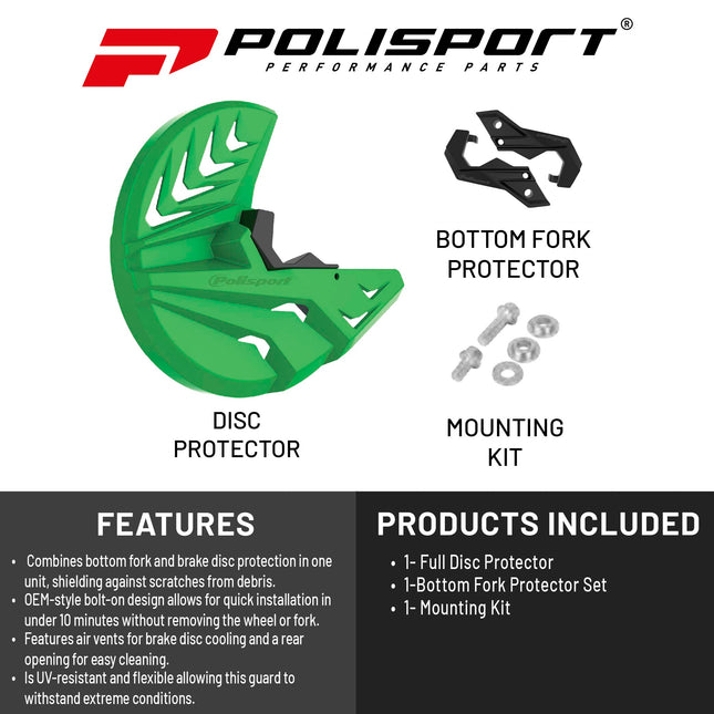 Polisport Motocross Motorcycles (MX) Disc/Bottom Fork Protector for Kawasaki KX250F (21-24) / KX450F (19-23) Dirt Bikes -   Protects Brake Disc and Fork from Rocks and Debris for MX and Enduro - Green