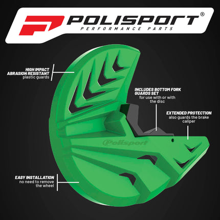 Polisport Motocross Motorcycles (MX) Disc/Bottom Fork Protector for Kawasaki KX250F (21-24) / KX450F (19-23) Dirt Bikes -   Protects Brake Disc and Fork from Rocks and Debris for MX and Enduro - Green