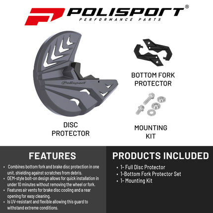 Polisport Motocross Motorcycles (MX) Disc/Bottom Fork Protector for Kawasaki KX250F (2014-21) / KX450F (2019-23) Dirt Bikes Protects Brake Disc and Fork from Rocks and Debris for MX and Enduro - Grey