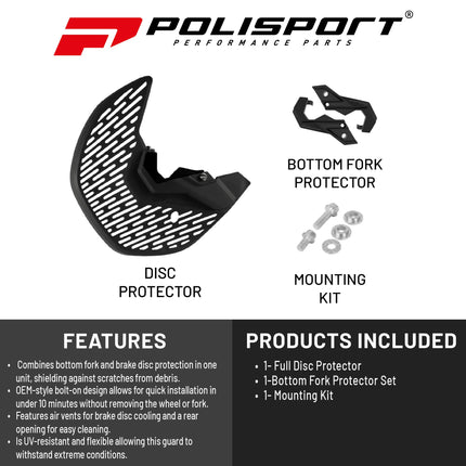 Polisport Motocross Motorcycles (MX) Disc/Bottom Fork Protector for Honda CRF250R/450R (2015-24) / CRF450RX (2017-24) Dirt Bikes - Protects Brake Disc/Fork from Rocks and Debris for MX & Enduro - Blk