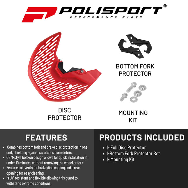 Polisport Motocross Motorcycles (MX) Disc/Bottom Fork Protector for Honda CRF250R/450R (2015-24) / CRF450RX (2017-24) Dirt Bike - Protects Brake Disc and Fork from Rocks and Debris for MX/Enduro - Red