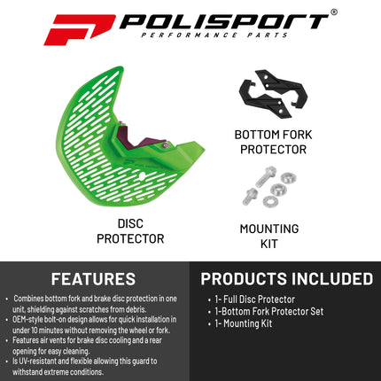 Polisport MX Disc and Bottom Fork Protector for Kawasaki KX250F (2021-2024) / KX450F (2019-2023) Dirt Bikes - Protects Brake Disc and Fork from Rocks and Debris for MX and Enduro -Green