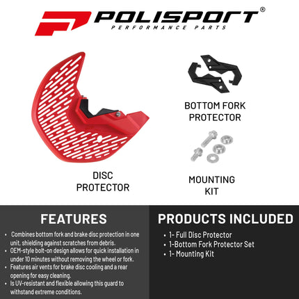 Polisport MX Disc and Bottom Fork Protector for GasGas EC/EX/MC 125/250/300/350/450 F (21-24) Dirt Bikes - Impact-Resistant Polypropylene, Protects Brake Disc/Fork from Rocks/Debris for MX/Enduro, Red