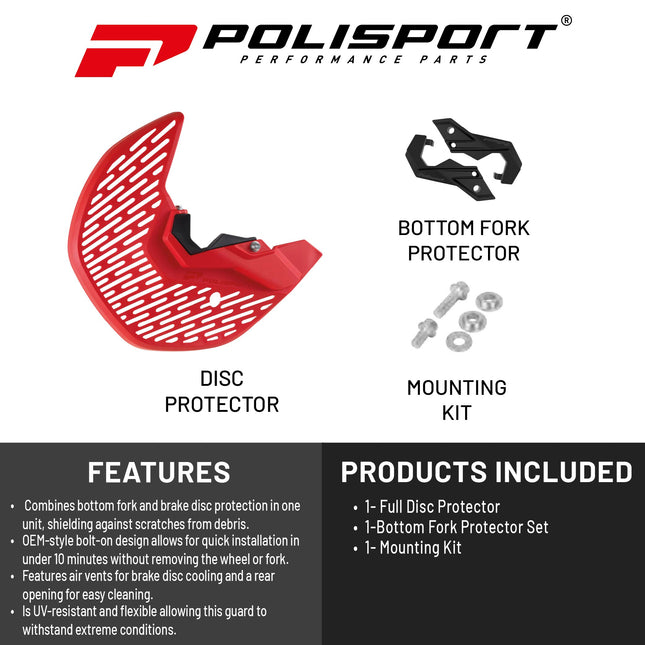 Polisport MX Disc and Bottom Fork Protector for GasGas EC/EX/MC 125/250/300/350/450 F (21-24) Dirt Bikes - Impact-Resistant Polypropylene, Protects Brake Disc/Fork from Rocks/Debris for MX/Enduro, Red