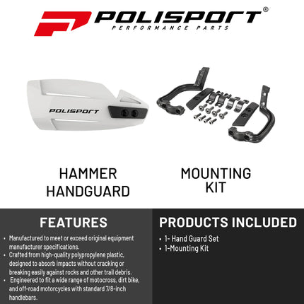 Polisport Hammer Handguards for Motocross Motorcycles-MX Replica Plastic Hand Guards - Durable, Flexible, Easy to Install,  Supermoto, Motard, Dirt Bikes & Off-Road Protection- White