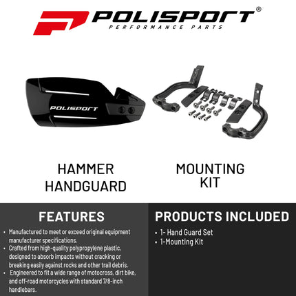 Polisport Hammer Handguards for Motocross Motorcycles-MX Replica Plastic Hand Guards - Durable, Flexible, Easy to Install,  Supermoto, Motard, Dirt Bikes & Off-Road Protection- Black