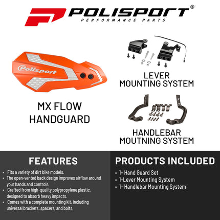 Polisport MX Flow Handguard for Motocross Motorcycles-for Husqvarna TE/FE(14-17), TC/FC(14-23), GasGas MC/MCF 21(21-23), Sherco SE/SEF(17-26), KTM SX/EXC(14-23) Dirt Bikes - Orange/White