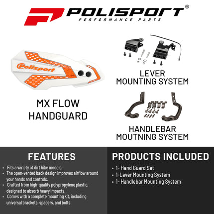 Polisport MX Flow Handguard for Motocross Motorcycles-for Husqvarna TE/FE(14-17), TC/FC(14-23), GasGas MC/MCF 21(21-23), Sherco SE/SEF(17-26), KTM SX/EXC(14-23) Dirt Bikes - White/Orange