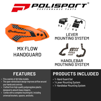 Polisport MX Flow Handguard for Motocross Motorcycles-for Husqvarna TE/FE(14-17), TC/FC(14-23), GasGas MC/MCF 21(21-23), Sherco SE/SEF(17-26), KTM SX/EXC(14-23) Dirt Bikes - Orange/Black