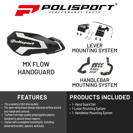 Polisport MX Flow Handguard for Motocross Motorcycles-for Suzuki RMZ250/450 (04-23), Yamaha YZF/YZ (2004-07), Kawasaki KX125/250/250F/450F (2007-23) Dirt Bikes - Black/White