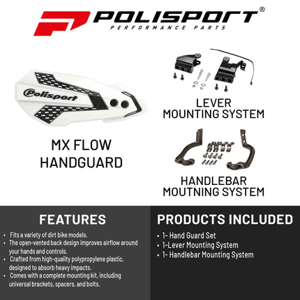 Polisport MX Flow Handguard for Motocross Motorcycles-for Suzuki RMZ250/450 (04-23), Yamaha YZF/YZ (2004-07), Kawasaki KX125/250/250F/450F (2007-23) Dirt Bikes - White/Black