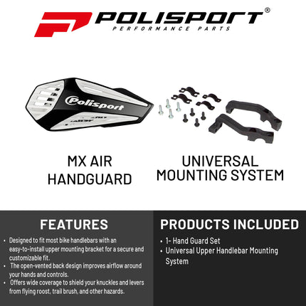 Polisport MX Air Handguard for Motocross Motorcycles-Universal Upper Mounting - Maximum Air Flow, Durable, Flexible, Easy to Install,  Supermoto, Motard, Dirt Bikes & Off-Road Protection- Black/White
