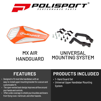 Polisport MX Air Handguard for Motocross Motorcycles-Universal Upper Mounting - Maximum Air Flow, Durable, Flexible, Easy to Install,  Supermoto, Motard, Dirt Bikes & Off-Road Protection- Orange/White