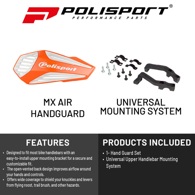 Polisport MX Air Handguard for Motocross Motorcycles-Universal Upper Mounting - Maximum Air Flow, Durable, Flexible, Easy to Install,  Supermoto, Motard, Dirt Bikes & Off-Road Protection- Orange/White