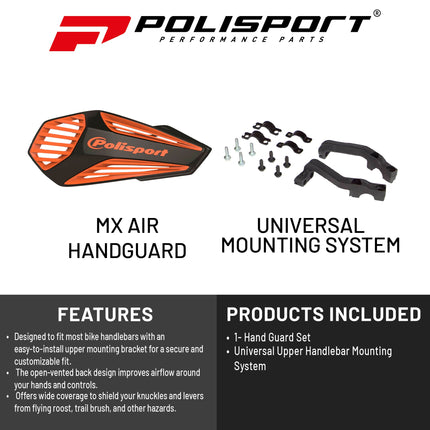 Polisport MX Air Handguard for Motocross Motorcycles-Universal Upper Mounting - Maximum Air Flow, Durable, Flexible, Easy to Install,  Supermoto, Motard, Dirt Bikes & Off-Road Protection- Black/Orange