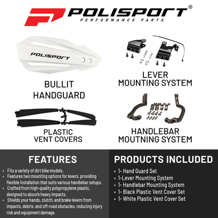Polisport Bullit Handguard for Motocross Motorcycles-for Beta RR (2012-2025) - 2 Lever Mounting Systems, Durable, Flexible, Easy to Install,  Supermoto, Motard, Dirt Bikes & Off-Road Protection- White