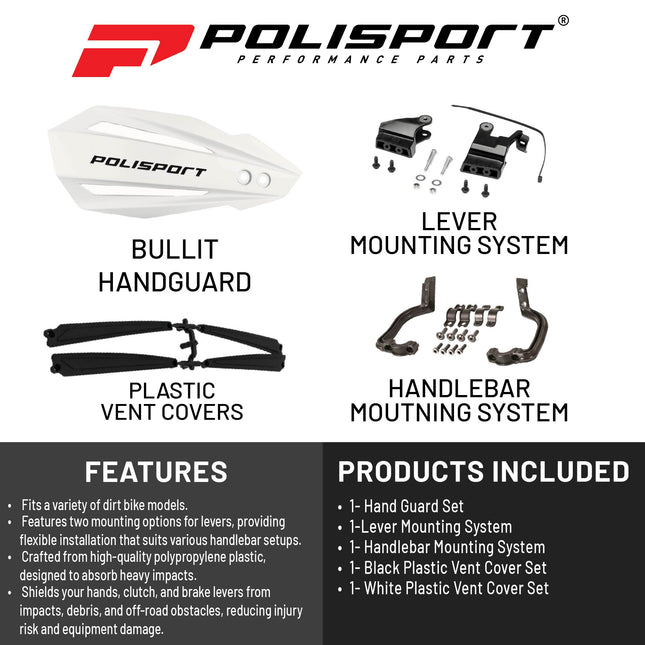 Polisport Bullit Handguard for Motocross Motorcycles-for Beta RR (2012-2025) - 2 Lever Mounting Systems, Durable, Flexible, Easy to Install,  Supermoto, Motard, Dirt Bikes & Off-Road Protection- White