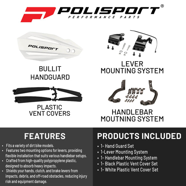 Polisport Bullit Handguard for Motocross -for GasGas MC/MCF (21-22); Sherco (17-22); Husqvarna TC/TE/FC/FE (14-22); KTM SX/EXC (14-22) - 2 Lever Mounting Systems for Supermoto, Motard & Dirt Bikes- Wh