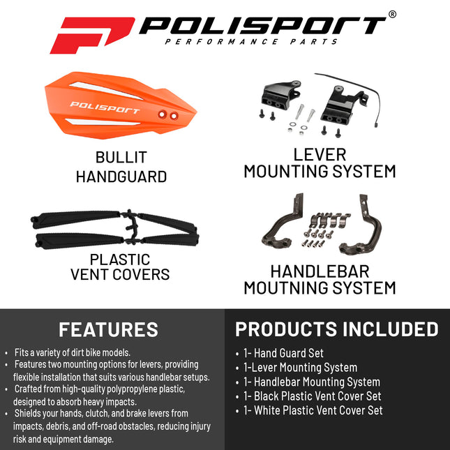 Polisport Bullit Handguard for Motocross - for GasGas MC/MCF(21-22); Sherco(17-22); Husqvarna TC/TE/FC/FE(14-22); KTM SX/EXC(14-22) - 2 Lever Mounting Systems for Supermoto, Motard & Dirt Bikes- Org