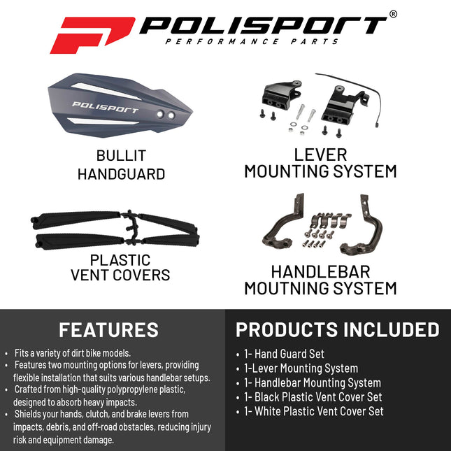 Polisport Bullit Handguard for Motocross - for GasGas MC/MCF(21-22); Sherco(17-22); Husqvarna TC/TE/FC/FE(14-22); KTM SX/EXC(14-22) - 2 Lever Mounting Systems for Supermoto, Motard & Dirt Bikes- Gry