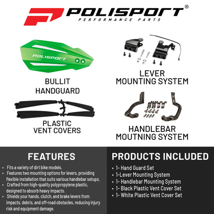 Polisport Bullit Handguard for Motocross - for Suzuki RM 250/Z 250(04-2025); Yamaha YZ/F(04-07); Kawasaki KX 125/250(07-22)/250F/450F(08-18) - 2 Lever Mounting Systems for SM, Motard & Dirt Bikes- Grn