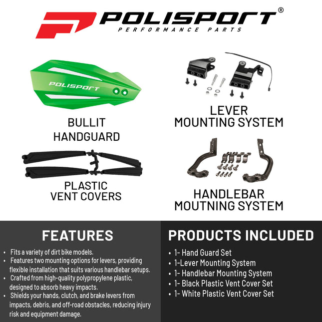 Polisport Bullit Handguard for Motocross - for Suzuki RM 250/Z 250(04-2025); Yamaha YZ/F(04-07); Kawasaki KX 125/250(07-22)/250F/450F(08-18) - 2 Lever Mounting Systems for SM, Motard & Dirt Bikes- Grn
