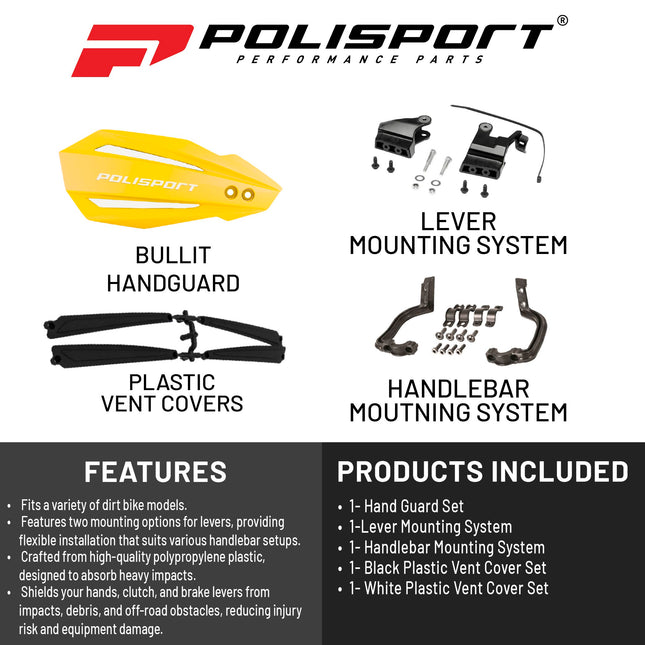 Polisport Bullit Handguard for Motocross - for Suzuki RM 250/Z 250(04-2025); Yamaha YZ/F(04-07); Kawasaki KX 125/250(07-22)/250F/450F(08-18) - 2 Lever Mounting Systems for SM, Motard & Dirt Bikes- Yl