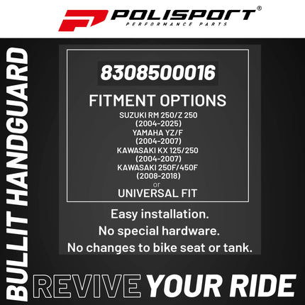 Polisport Bullit Handguard for Motocross - for Suzuki RM 250/Z 250(04-2025); Yamaha YZ/F(04-07); Kawasaki KX 125/250(07-22)/250F/450F(08-18) - 2 Lever Mounting Systems for SM, Motard & Dirt Bikes- Yl